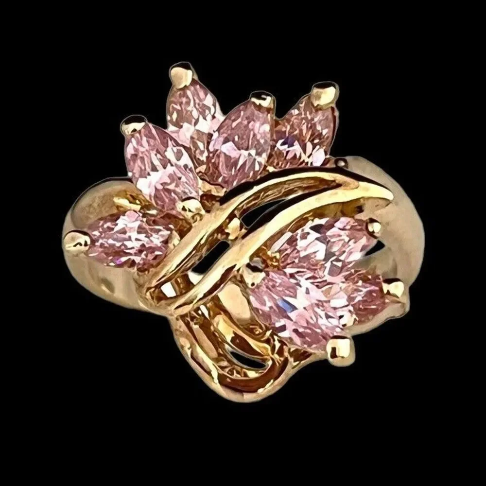 Vintage 1980s Pink CZ Cluster Ring Size 6 14KTGE Gold Plate - 14D